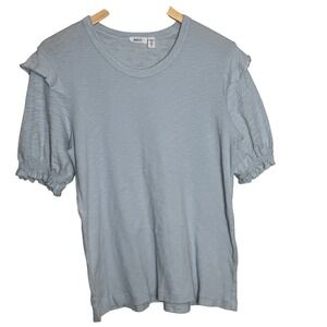 Wilt Womens Top Medium Blue Ruffle Ribbed Knit Short Sleeve Tee Shirt